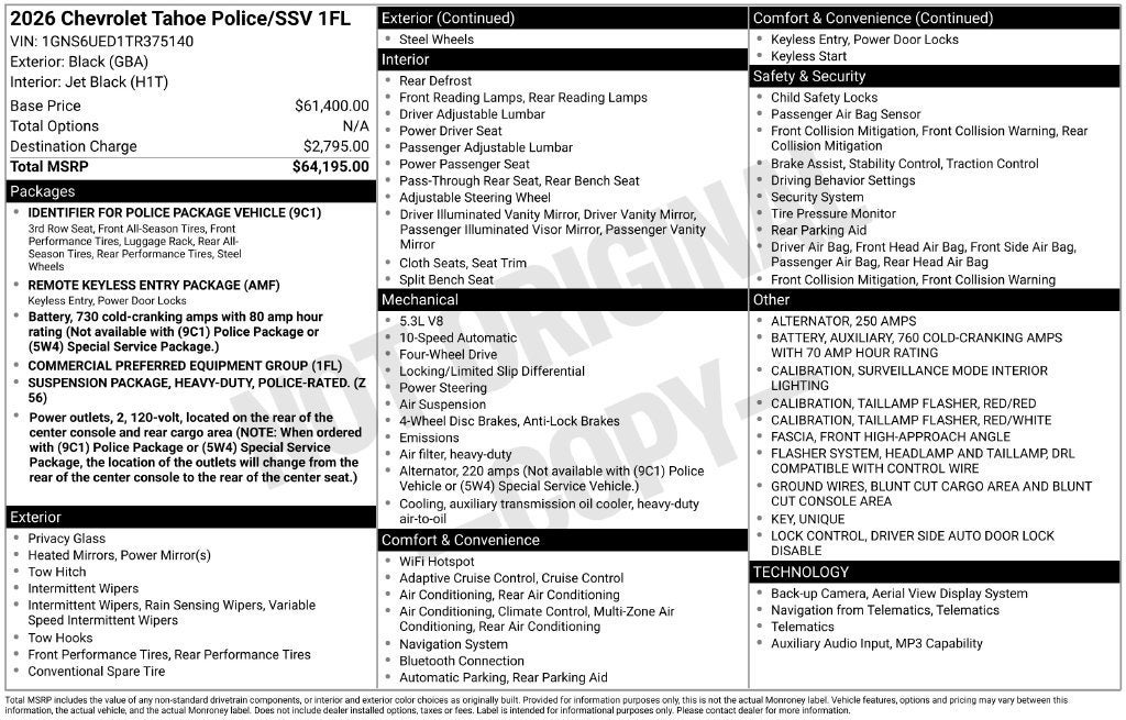 2026 Chevrolet Tahoe Police Package Commercial
