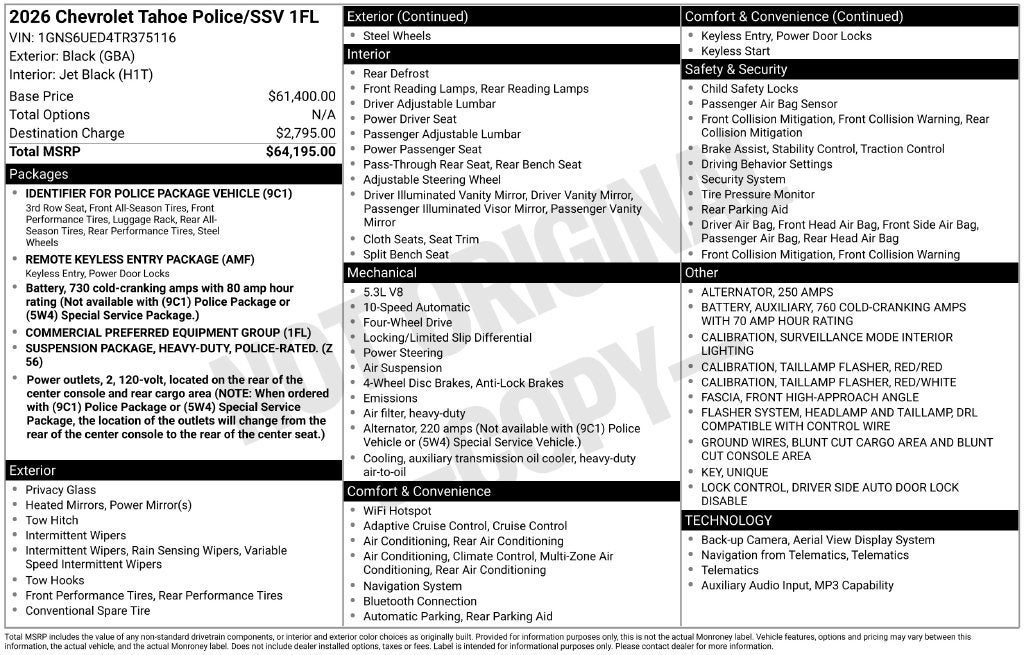 2026 Chevrolet Tahoe Police Package Commercial
